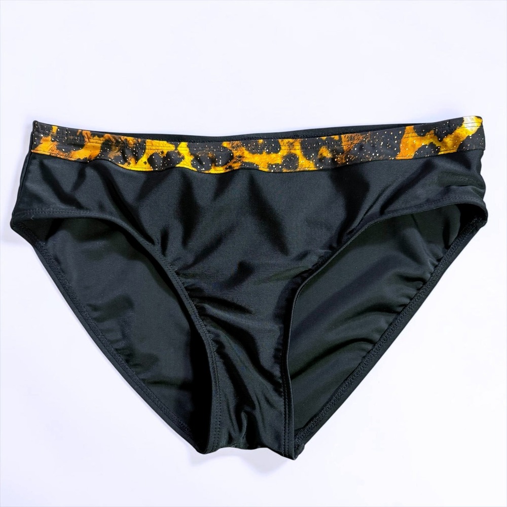 Jaclyn Smith Womens Black Bikini Bottoms Leopardโ Print Waistband Size 8 3014